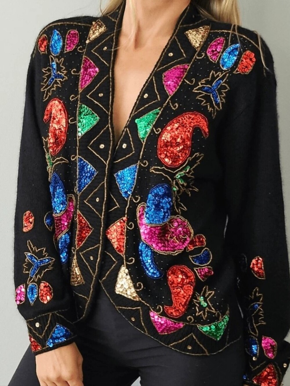 Cristina Vtg Silk Angora Blend Sequined Embellished Cardigan Sweater Sz M Black